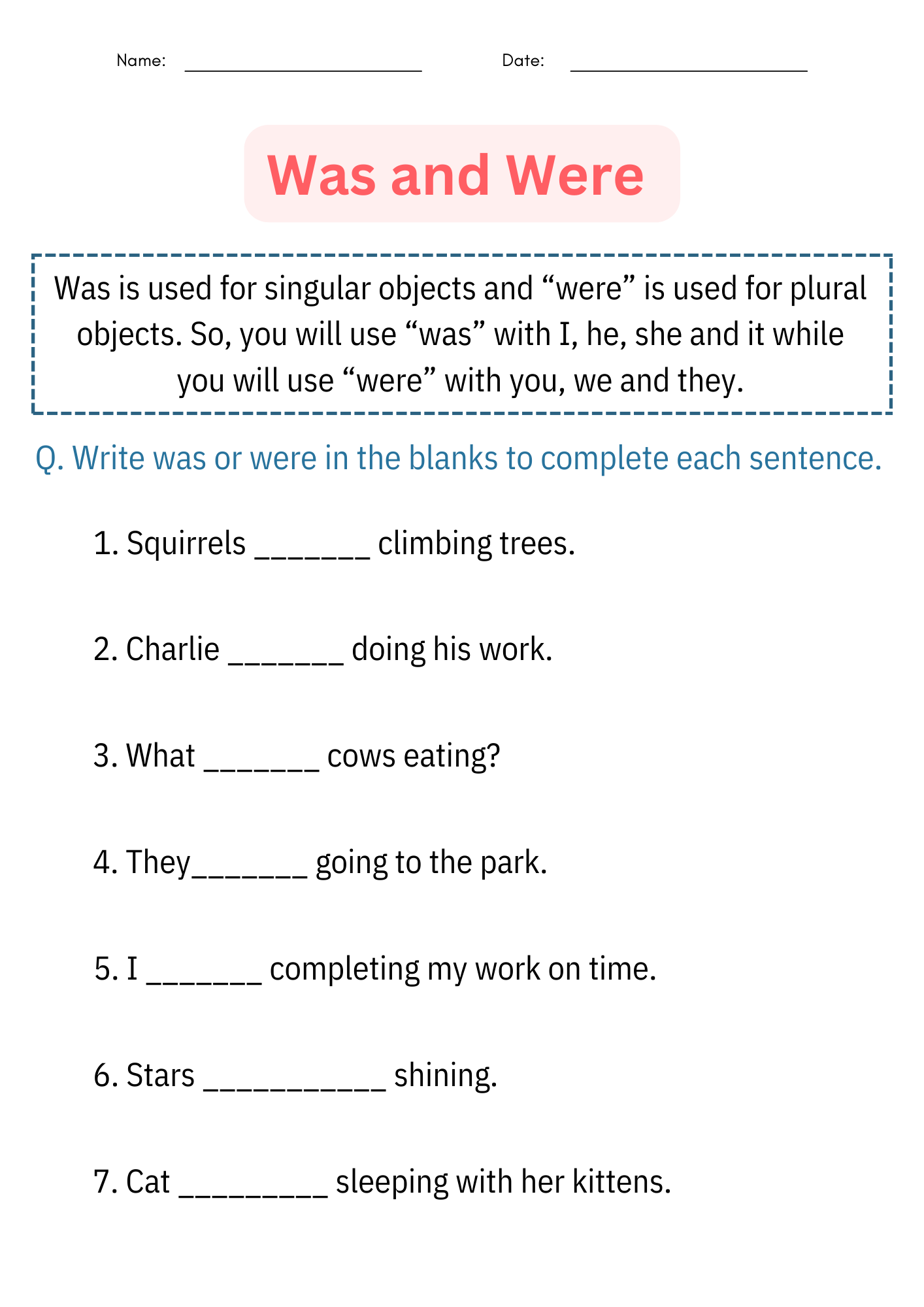Printable Was And Were Grammar Worksheets And Activities For Being Verbs