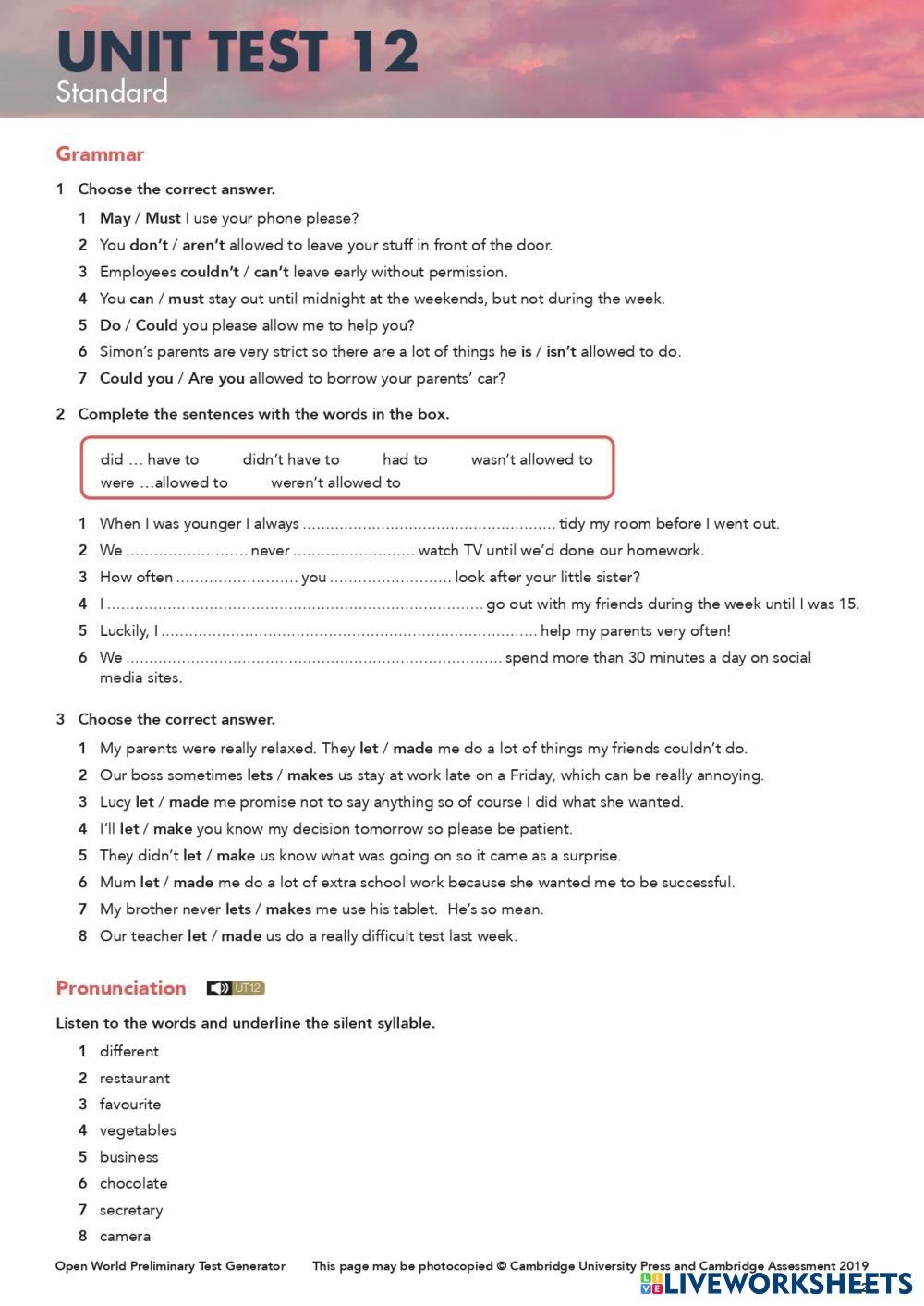 Progress Test 12 ESL Worksheets 8145292