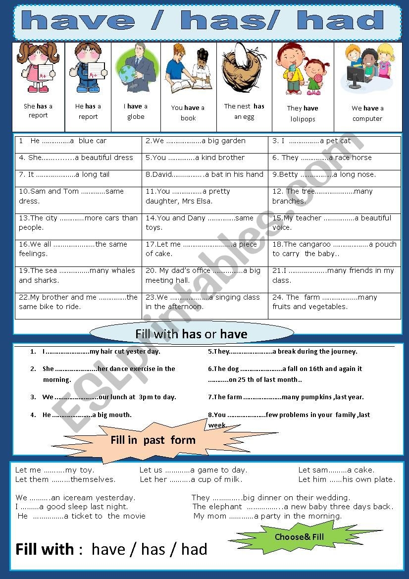 Pronouns Has Have Had ESL Worksheet By Jhansi Pronouns Has Have Had ESL Worksheet By Jhansi