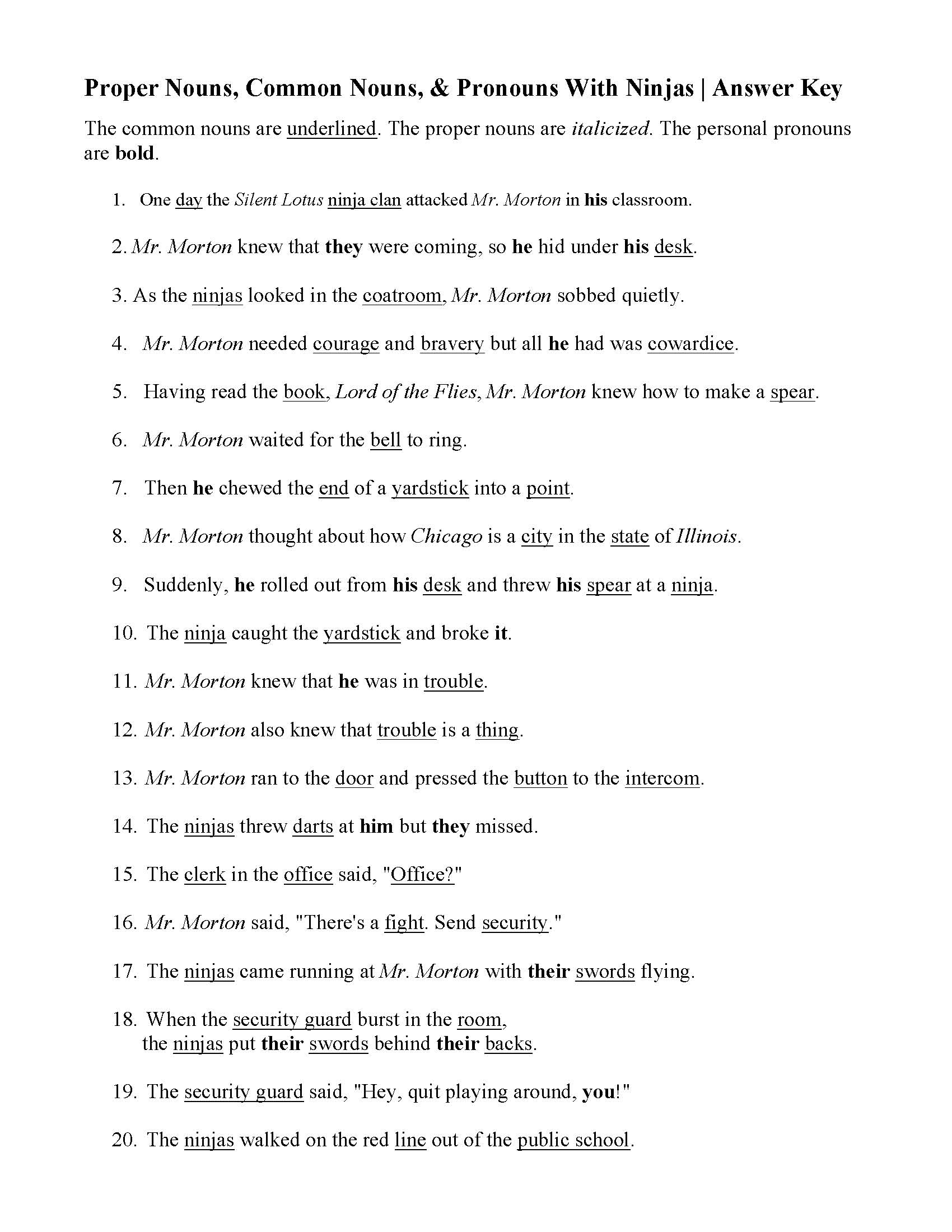 Proper Nouns Common Nouns And Pronouns With Ninjas Answers