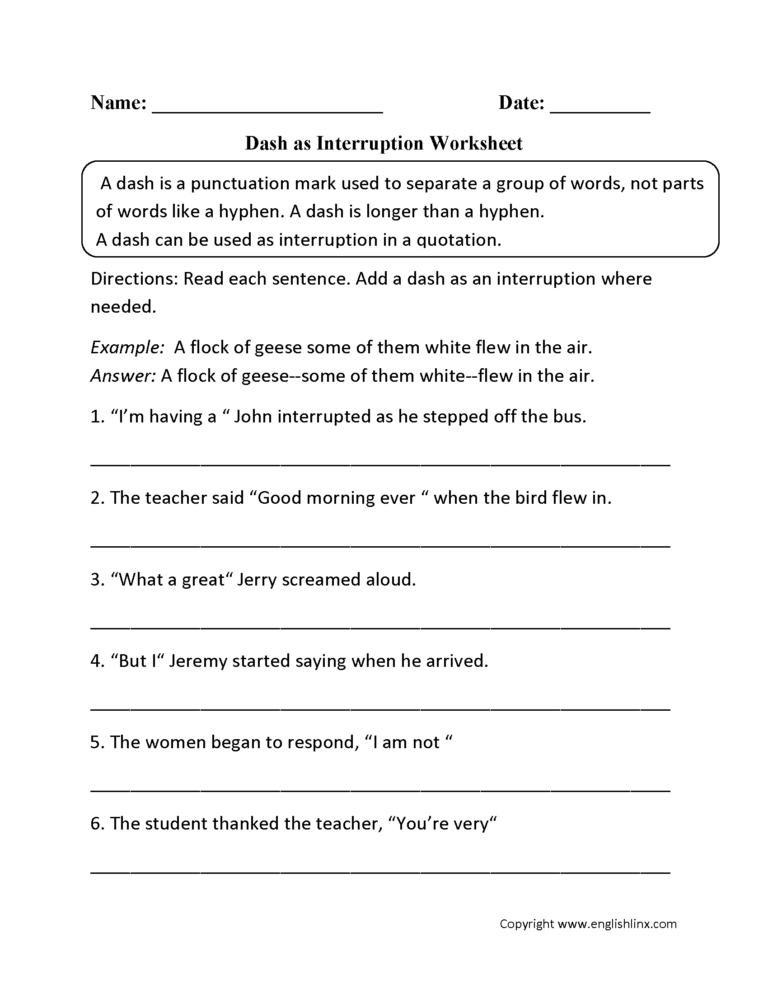 Punctuation Worksheets Dash Worksheets