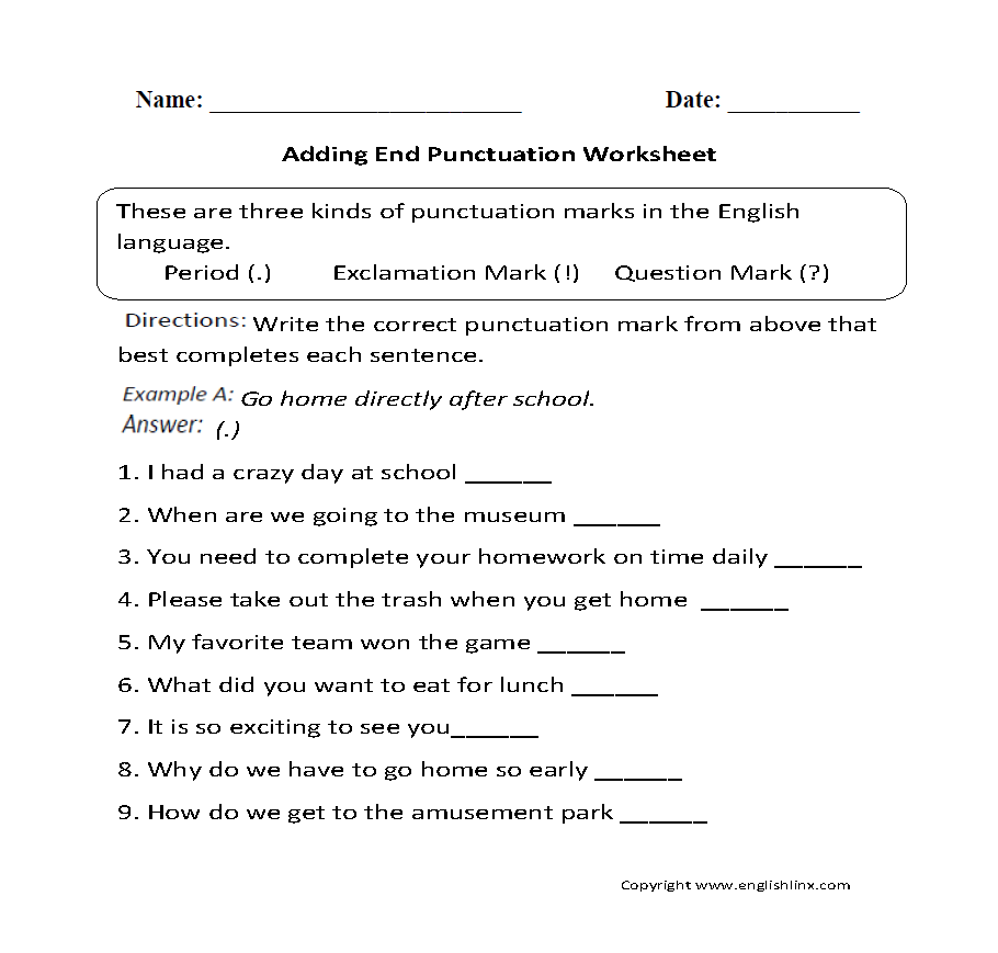 Punctuation Worksheets Free Printable Practice For Grades K 12