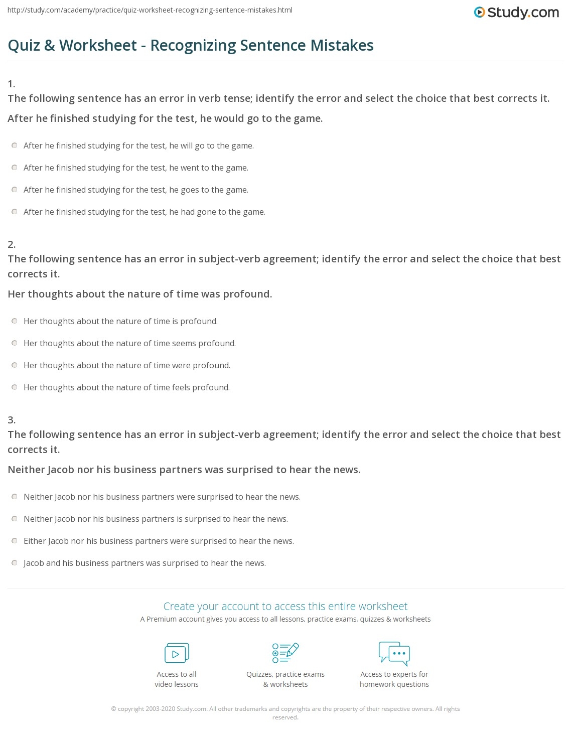 Quiz U0026 Worksheet Recognizing Sentence Mistakes Study