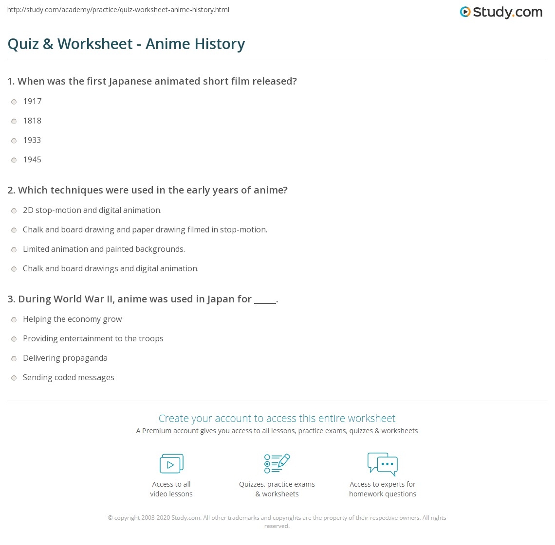 Quiz Worksheet Anime History Study
