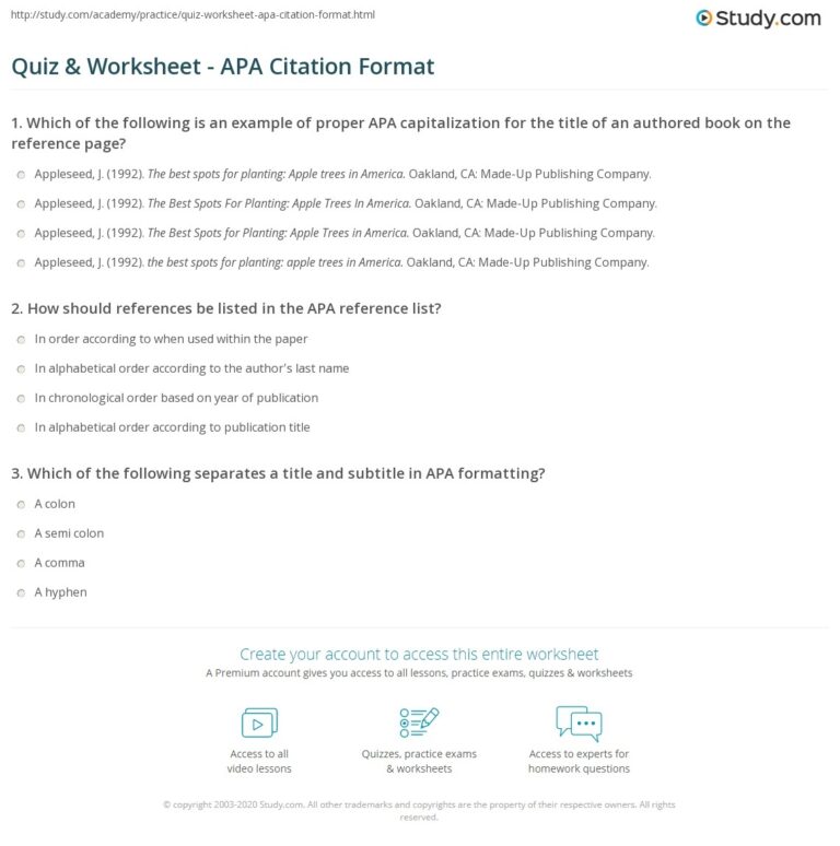 Quiz Worksheet APA Citation Format Study