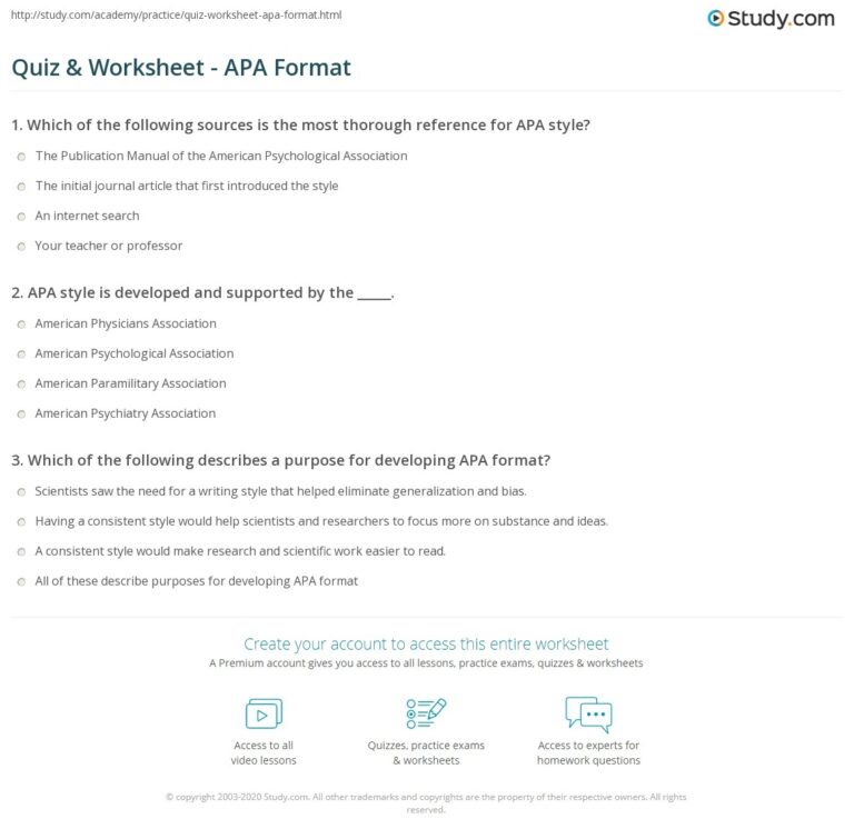 Quiz Worksheet APA Format Study