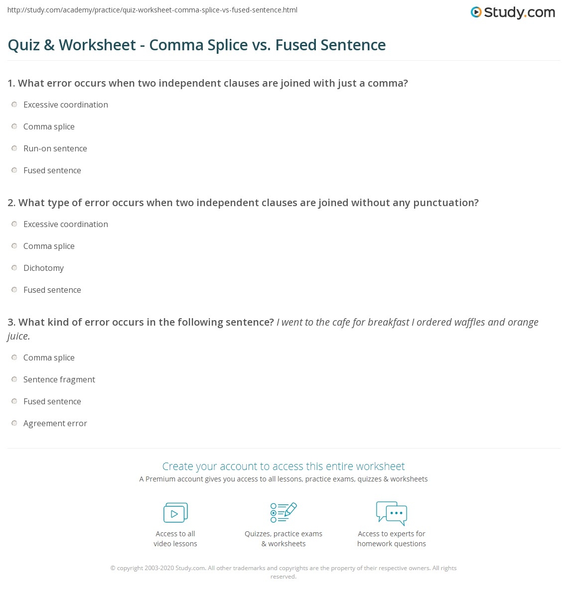 Quiz Worksheet Comma Splice Vs Fused Sentence Study Quiz Worksheet Comma Splice Vs Fused Sentence Study
