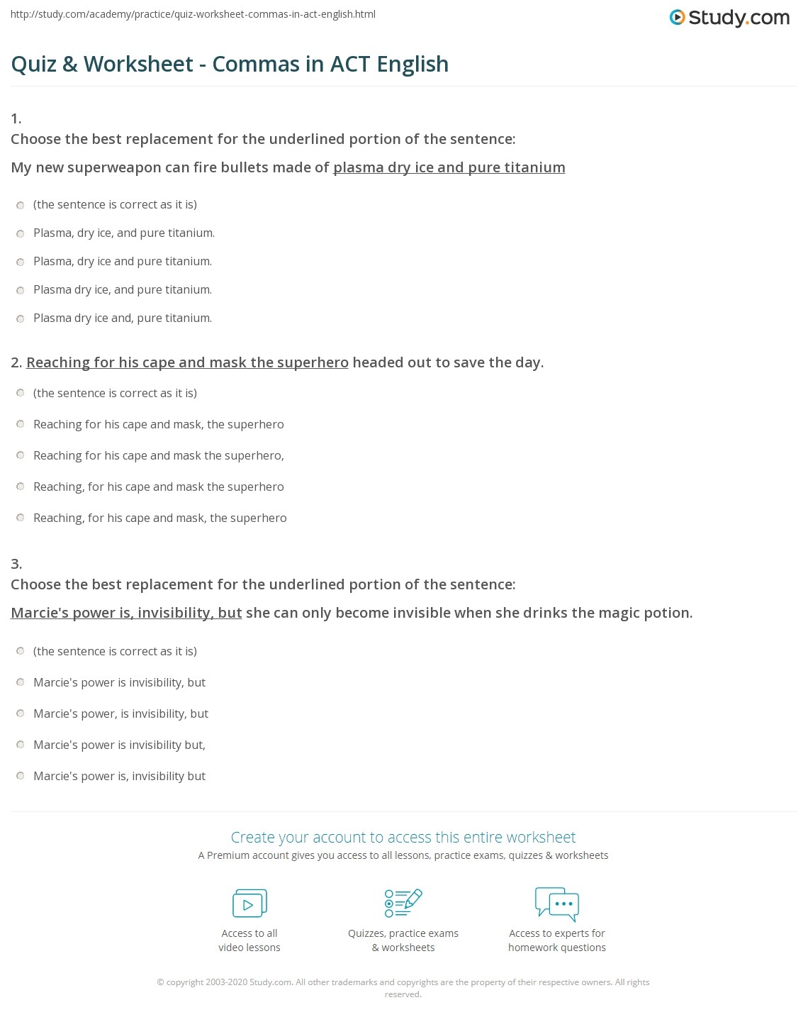 Quiz Worksheet Commas In ACT English Study Quiz Worksheet Commas In ACT English Study