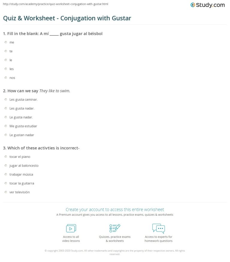 Quiz Worksheet Conjugation With Gustar Study