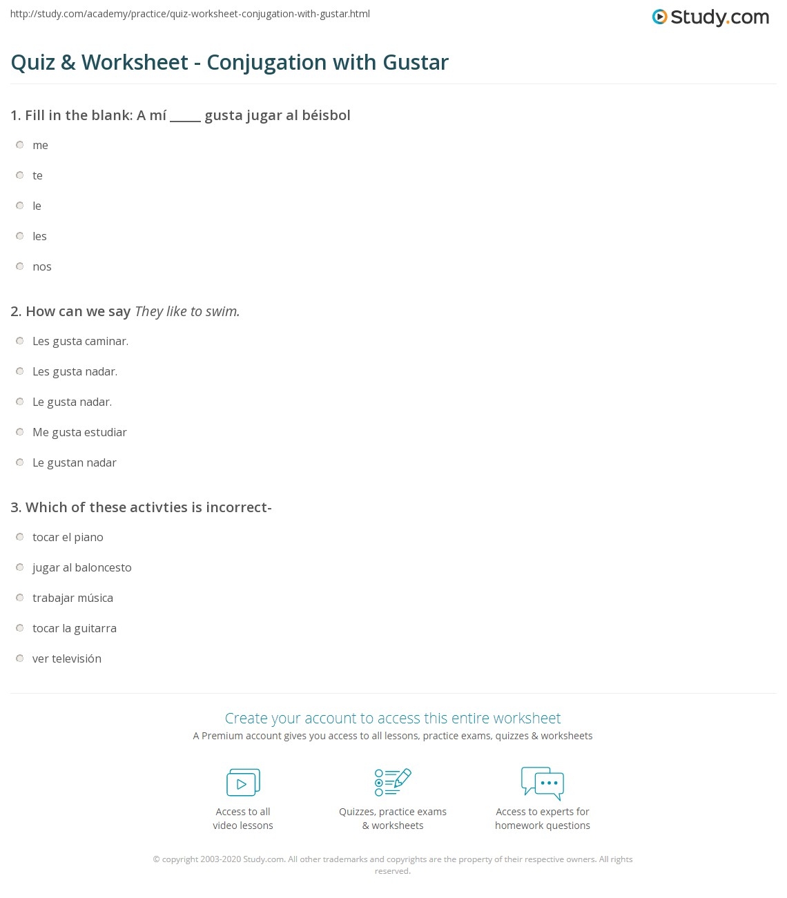 Quiz Worksheet Conjugation With Gustar Study