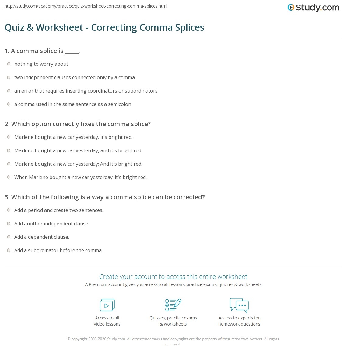 Quiz Worksheet Correcting Comma Splices Study