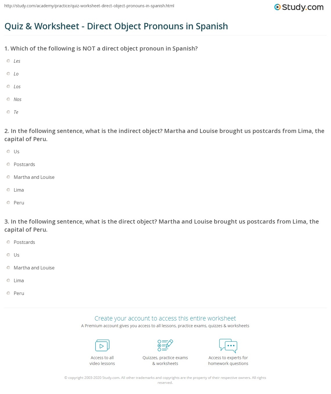 Quiz Worksheet Direct Object Pronouns In Spanish Study Quiz Worksheet Direct Object Pronouns In Spanish Study