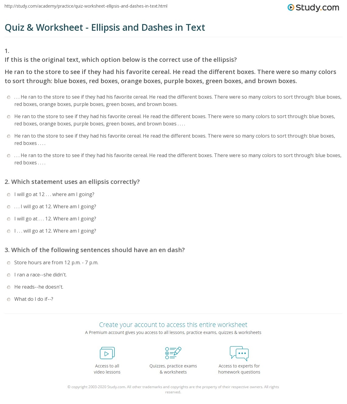Quiz Worksheet Ellipsis And Dashes In Text Study