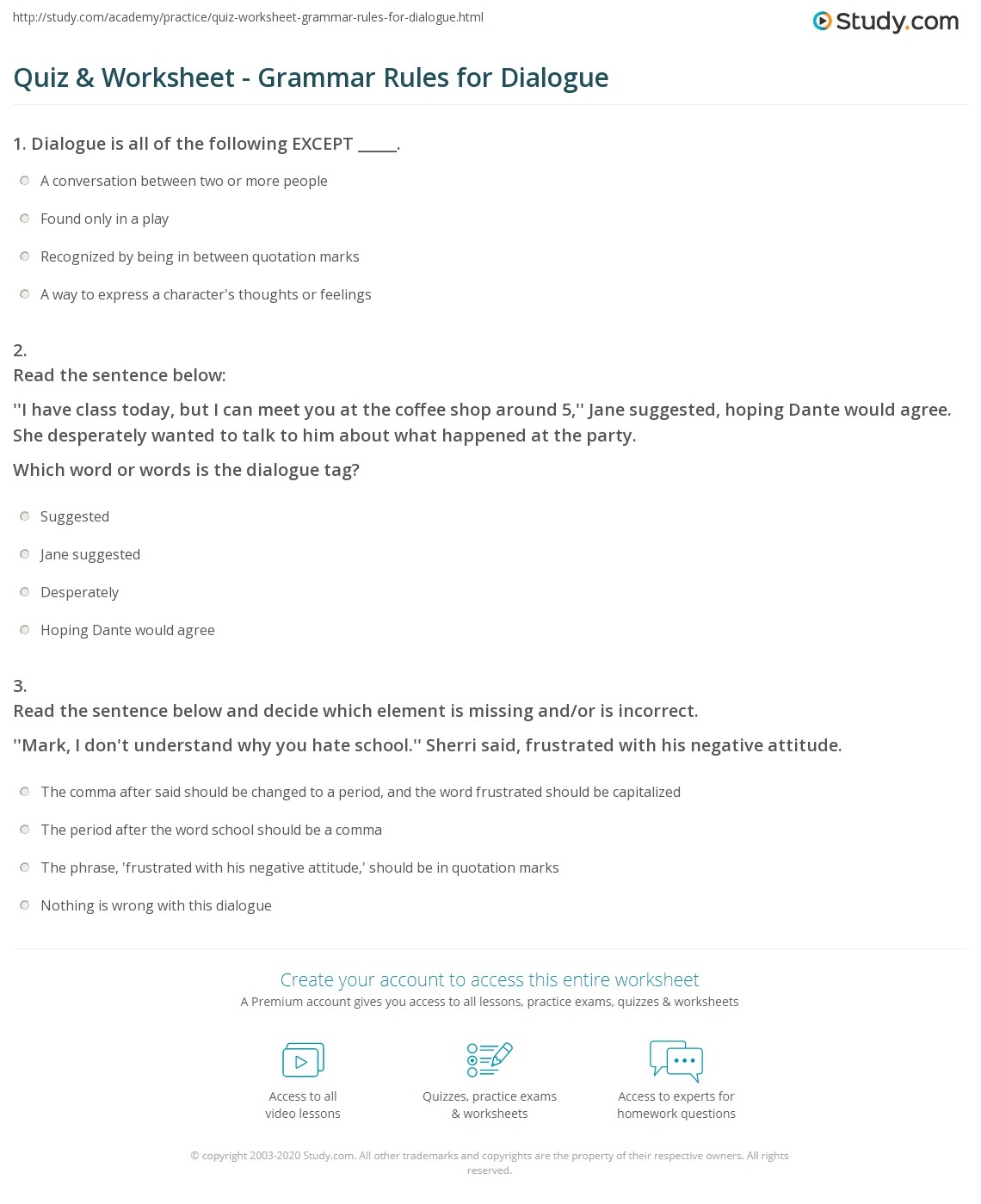 Quiz Worksheet Grammar Rules For Dialogue Study Quiz Worksheet Grammar Rules For Dialogue Study