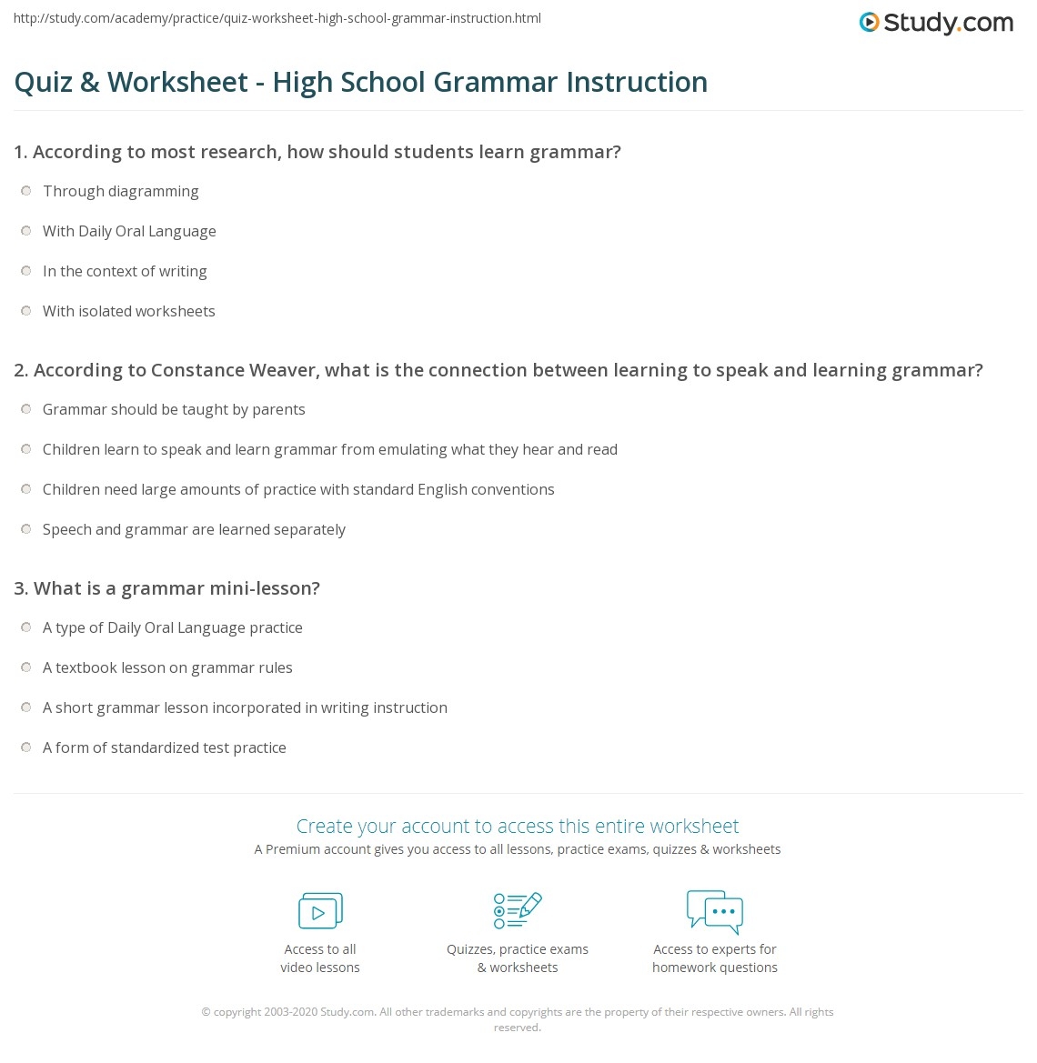 Quiz Worksheet High School Grammar Instruction Study Quiz Worksheet High School Grammar Instruction Study