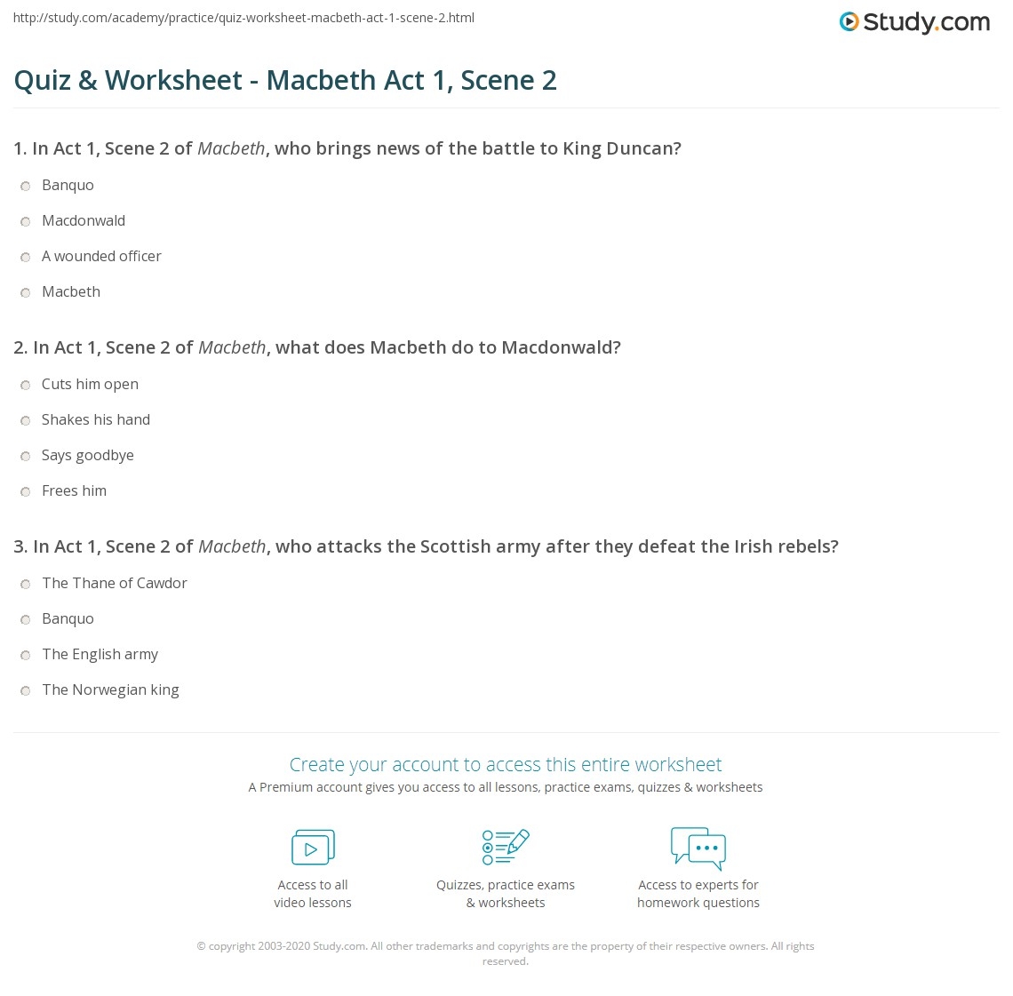 Quiz Worksheet Macbeth Act 1 Scene 2 Study