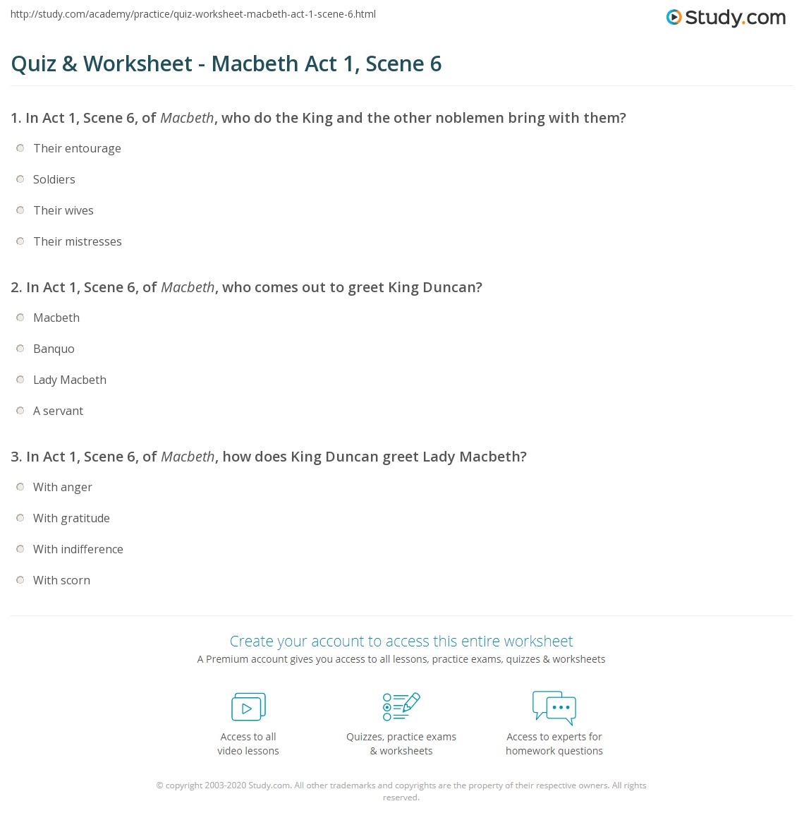 Quiz Worksheet Macbeth Act 1 Scene 6 Study
