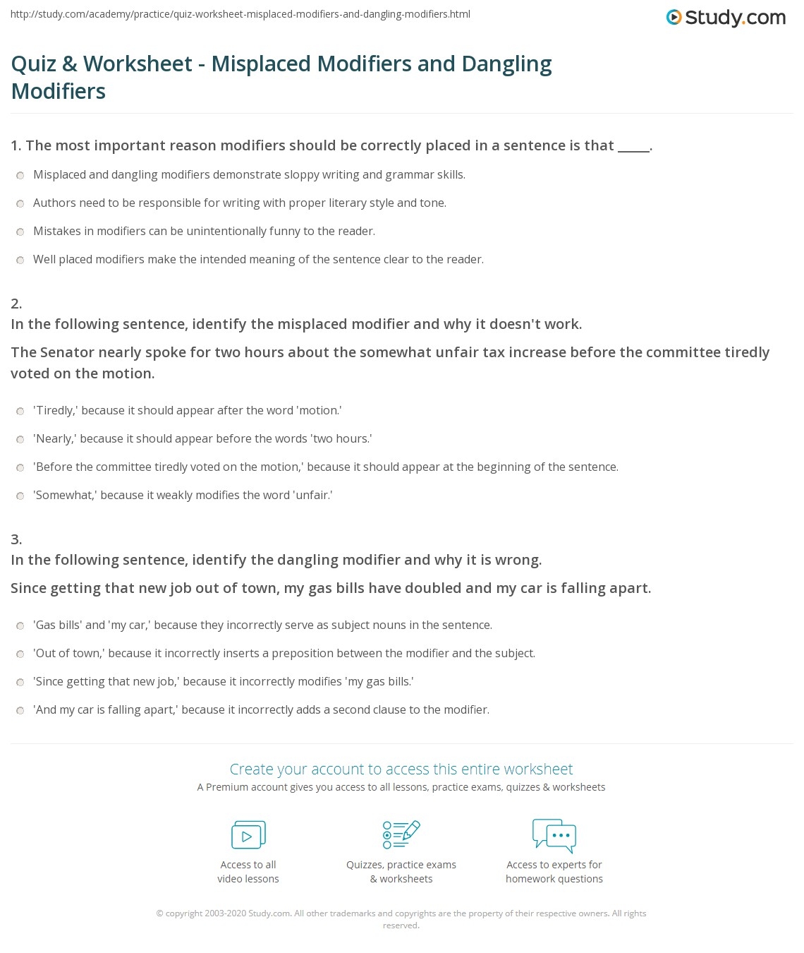 Modifiers In Grammar Worksheets