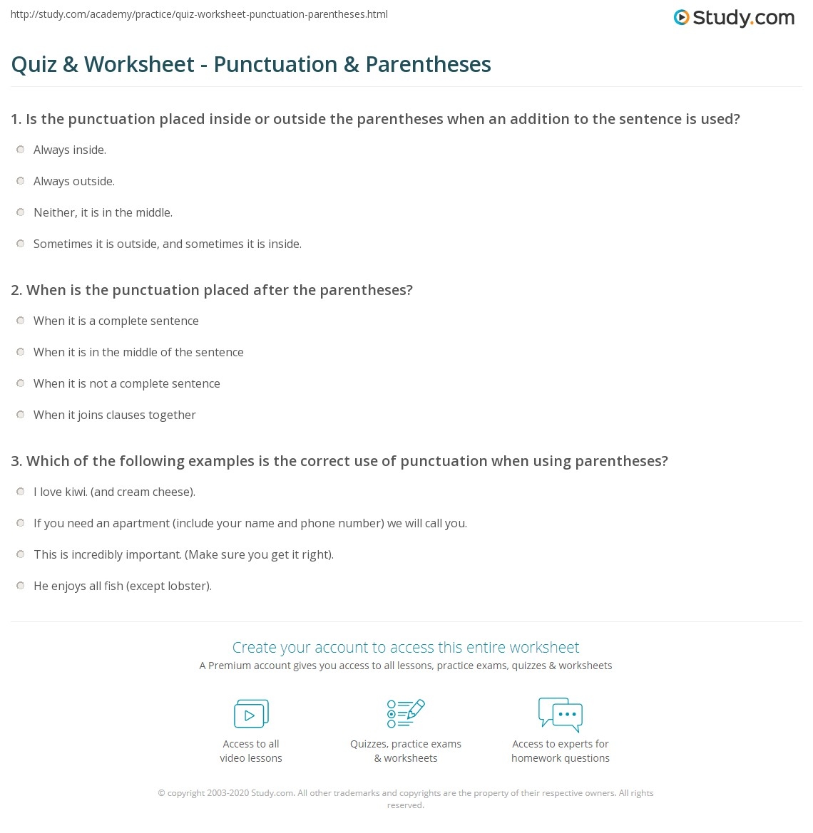Quiz Worksheet Punctuation Parentheses Study Quiz Worksheet Punctuation Parentheses Study