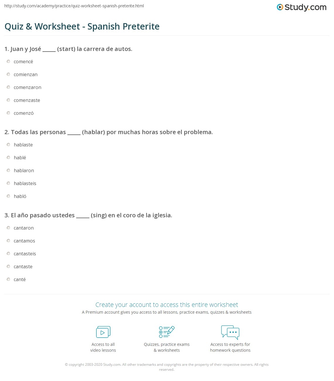 Quiz Worksheet Spanish Preterite Study Quiz Worksheet Spanish Preterite Study