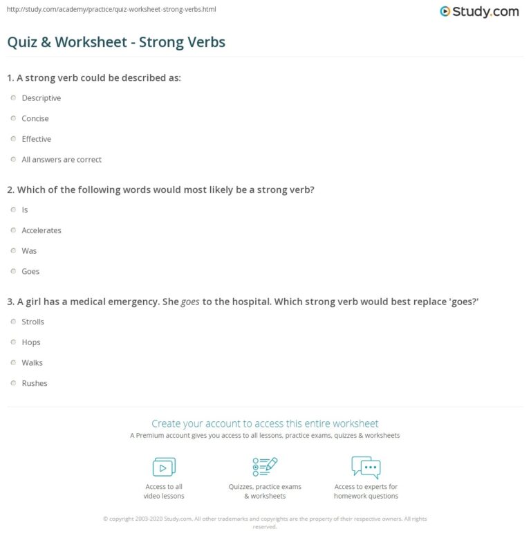 Quiz Worksheet Strong Verbs Study