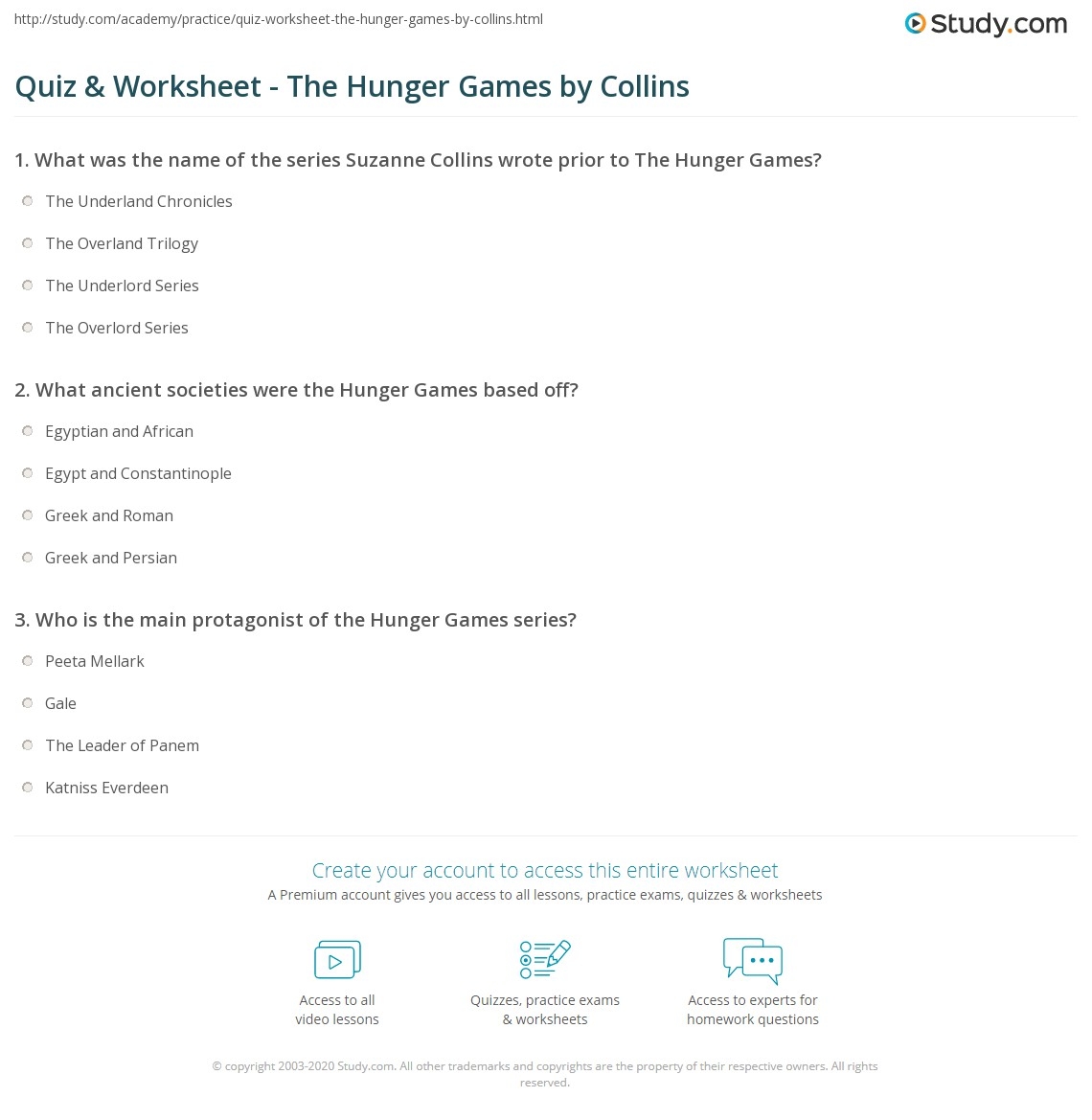 Quiz Worksheet The Hunger Games By Collins Study Quiz Worksheet The Hunger Games By Collins Study