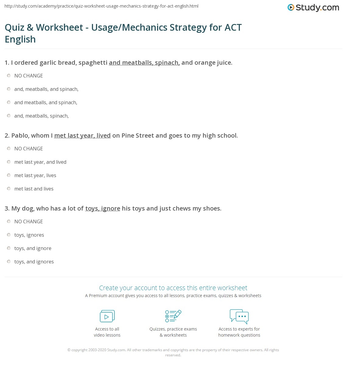 Quiz Worksheet Usage Mechanics Strategy For ACT English Study