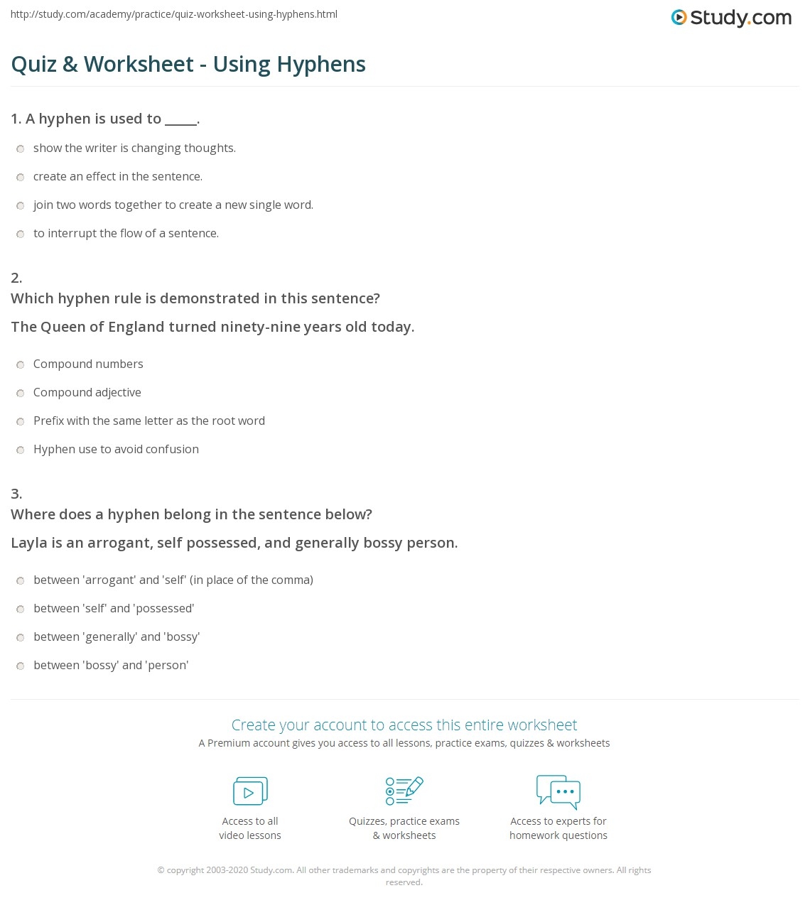 Quiz Worksheet Using Hyphens Study Quiz Worksheet Using Hyphens Study