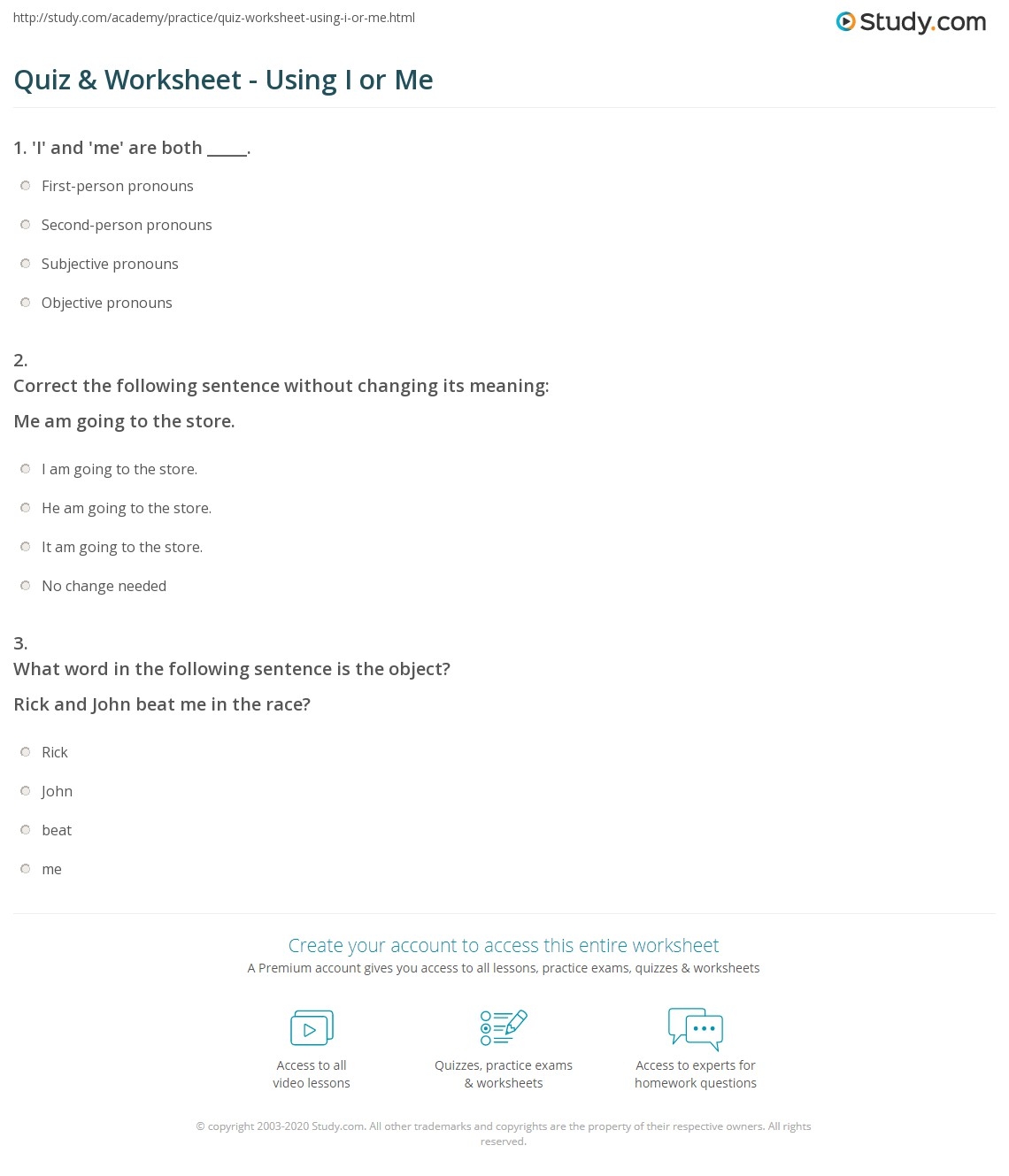 Quiz Worksheet Using I Or Me Study