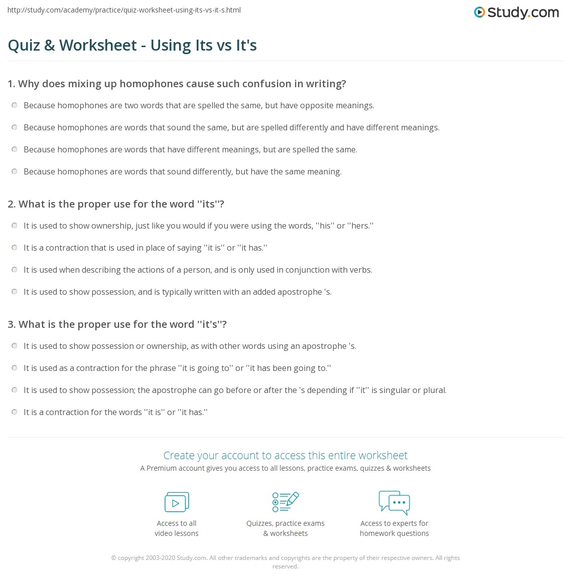 Its And It's Grammar Worksheets