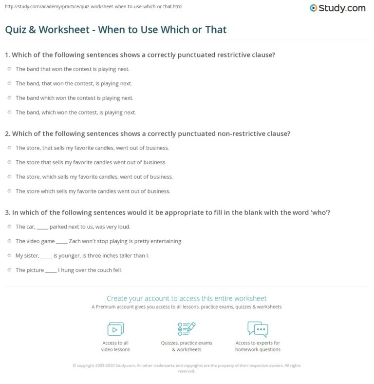 Quiz Worksheet When To Use Which Or That Study