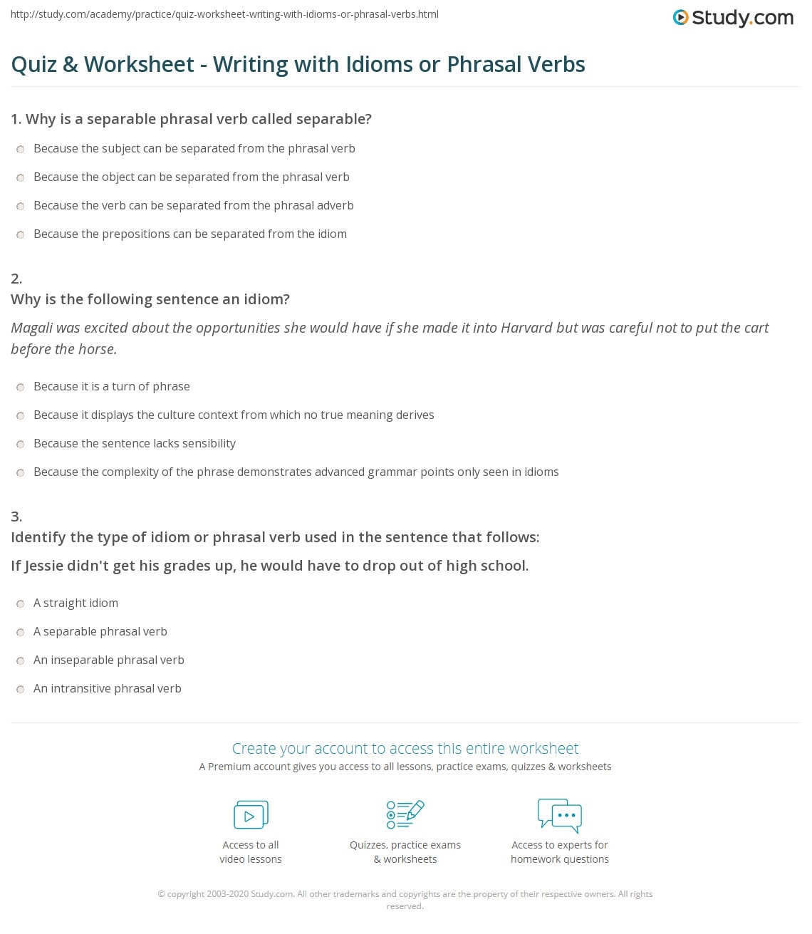 Quiz Worksheet Writing With Idioms Or Phrasal Verbs Study