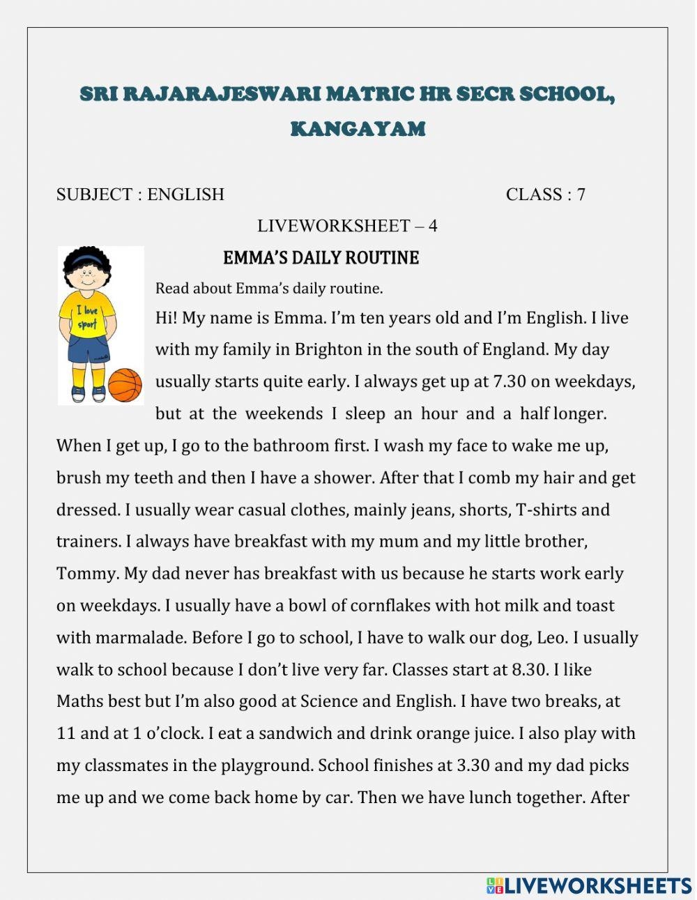 Comprehension Grammar Grade 7 English Worksheets