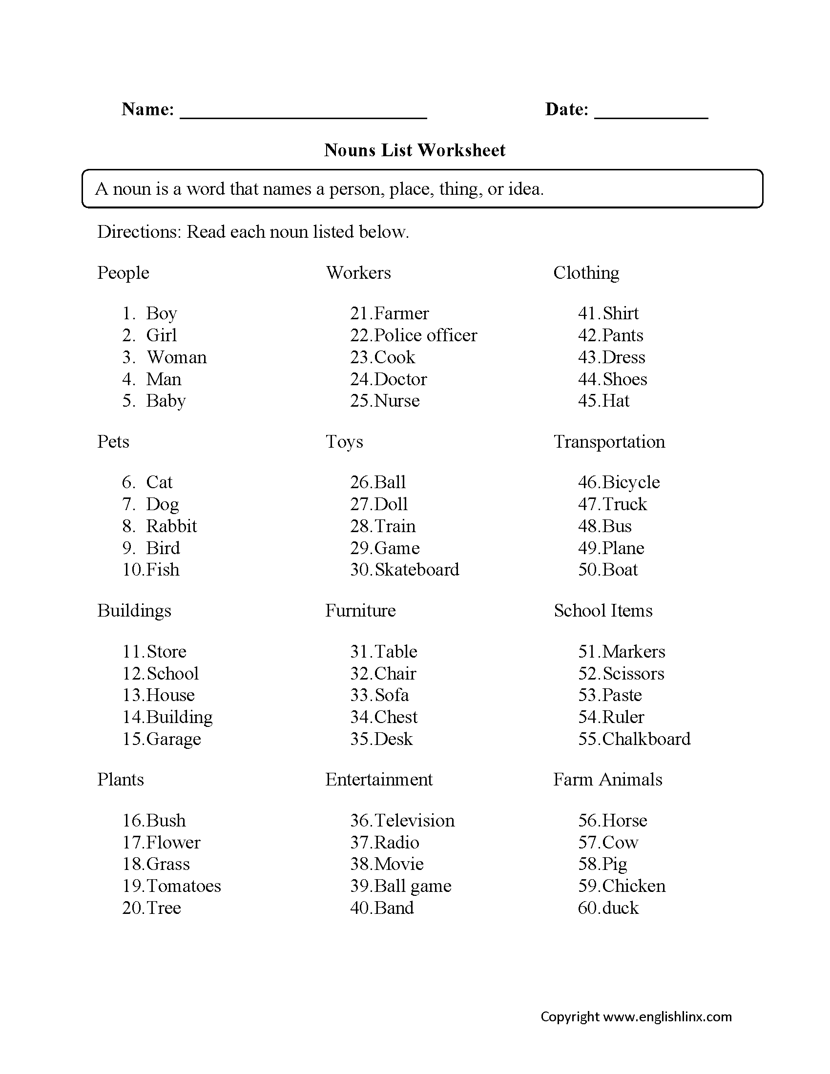 Regular Nouns Worksheets Nouns List Worksheet Regular Nouns Worksheets Nouns List Worksheet