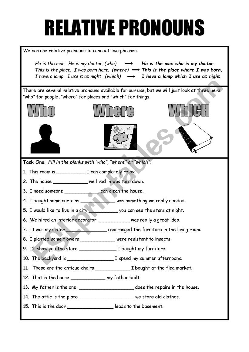 Relative Pronouns Who Which Where ESL Worksheet By EstherLee76