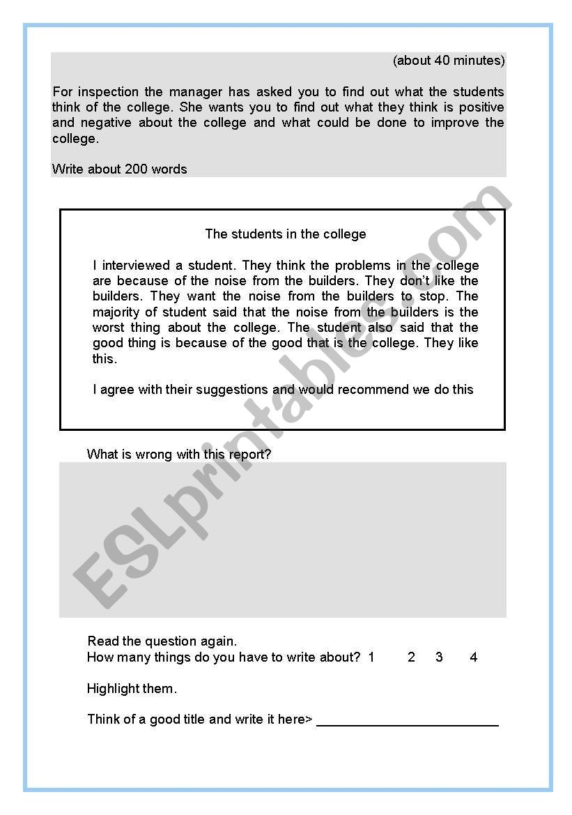 Report Writing ESOL Level 1 ESL Worksheet By Laura44 Report Writing ESOL Level 1 ESL Worksheet By Laura44