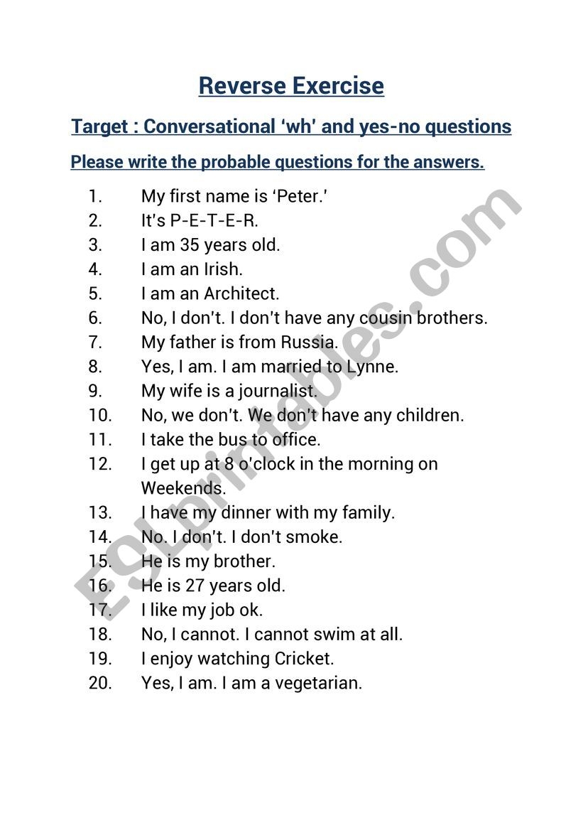 Reverse Questions Exercise ESL Worksheet By Kutub