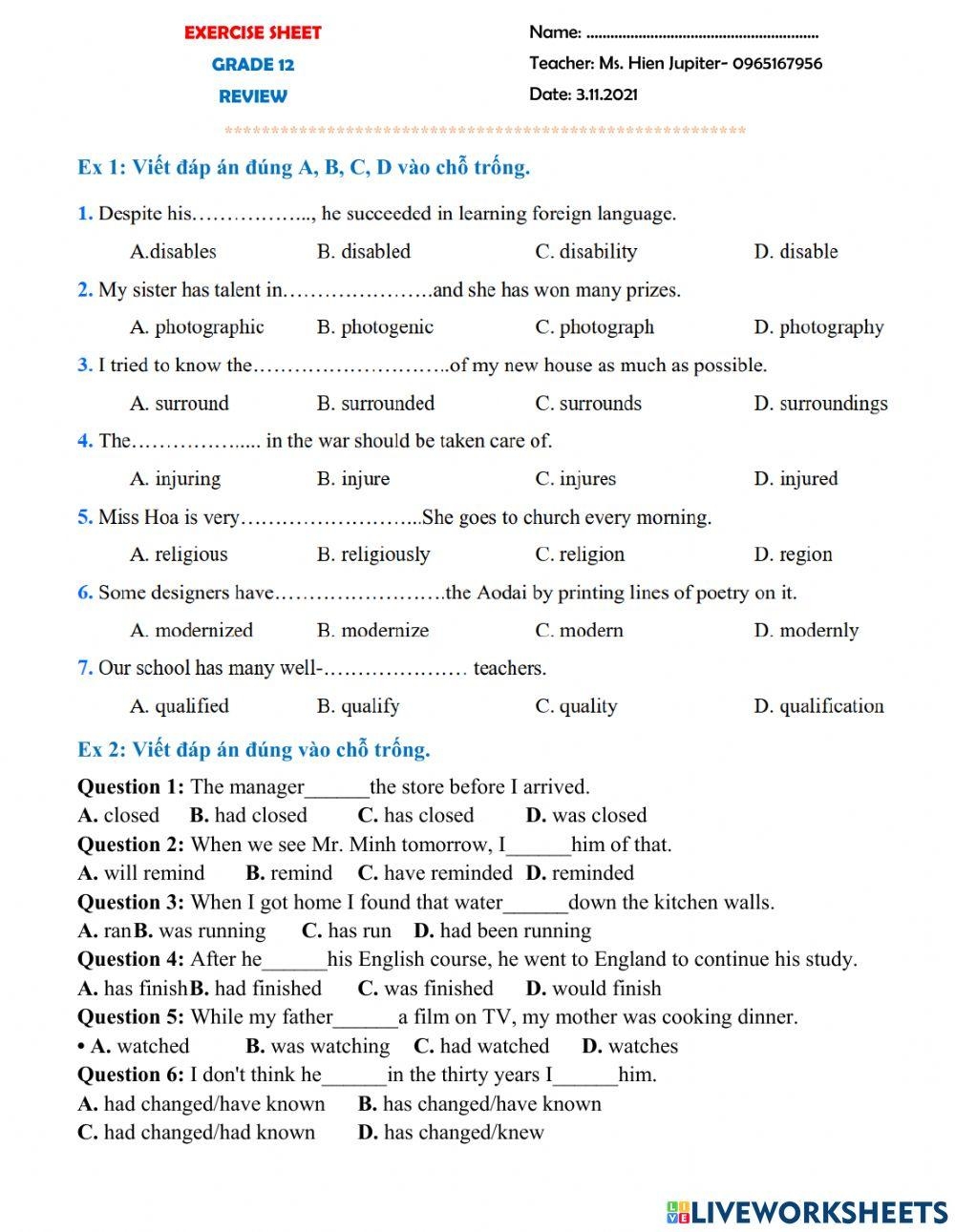 Review Grade 12 Free Interactive Worksheets 1603062