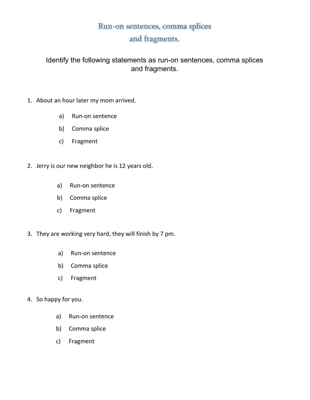 Run On Sentence Free Interactive Worksheets 234652