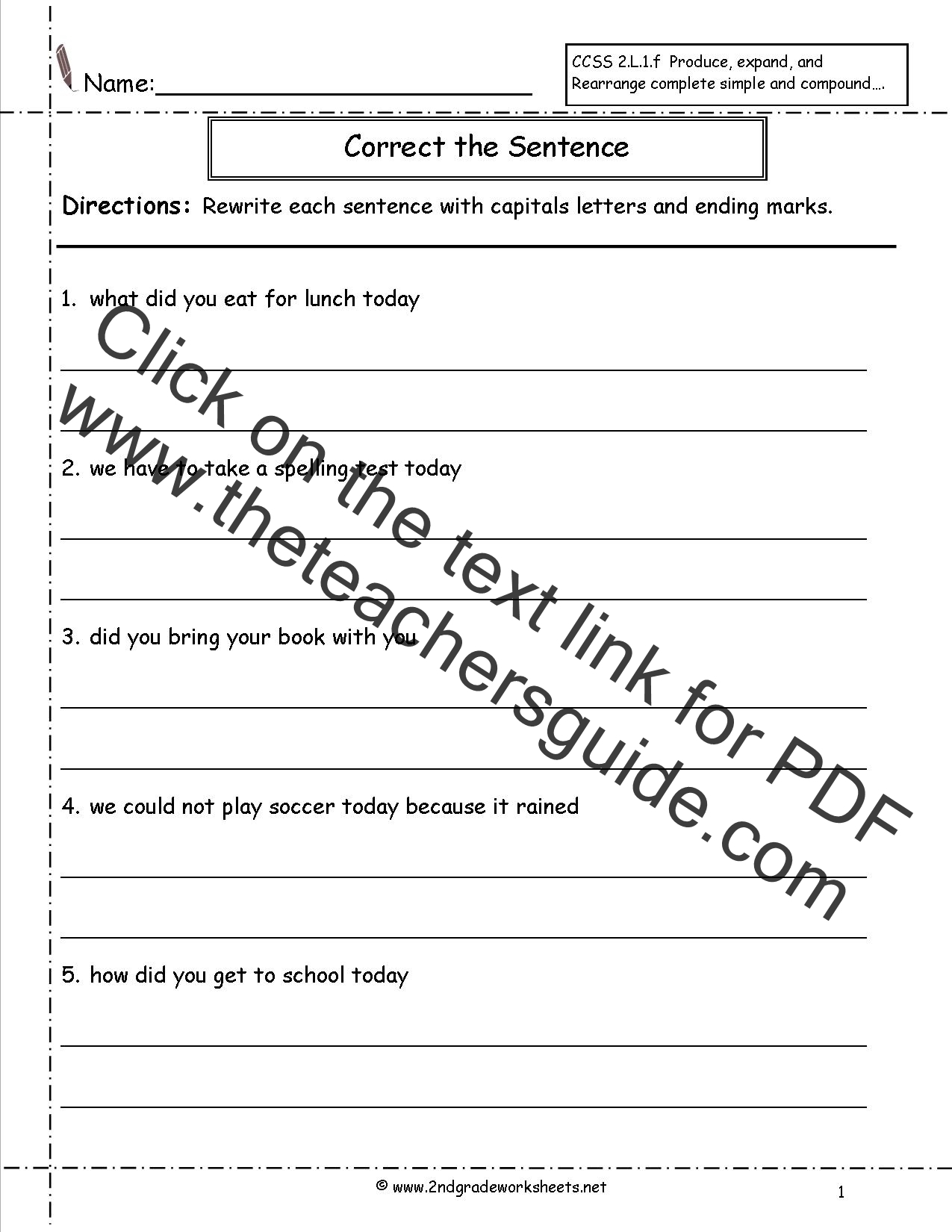 Second Grade Sentences Worksheets CCSS 2 L 1 f Worksheets 