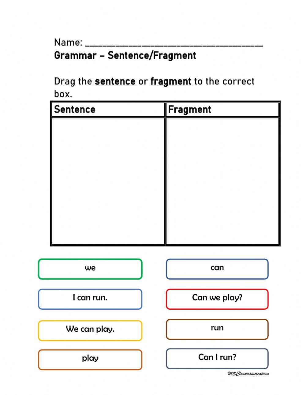Sentence Fragm Free Interactive Worksheets 423563