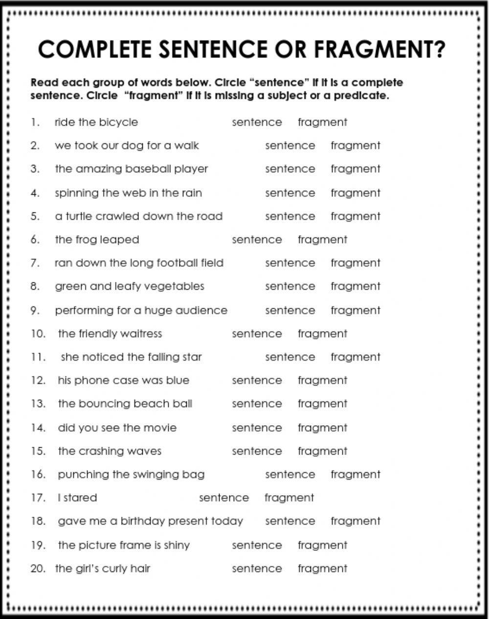 Sentence Fragme Free Interactive Worksheets 439783