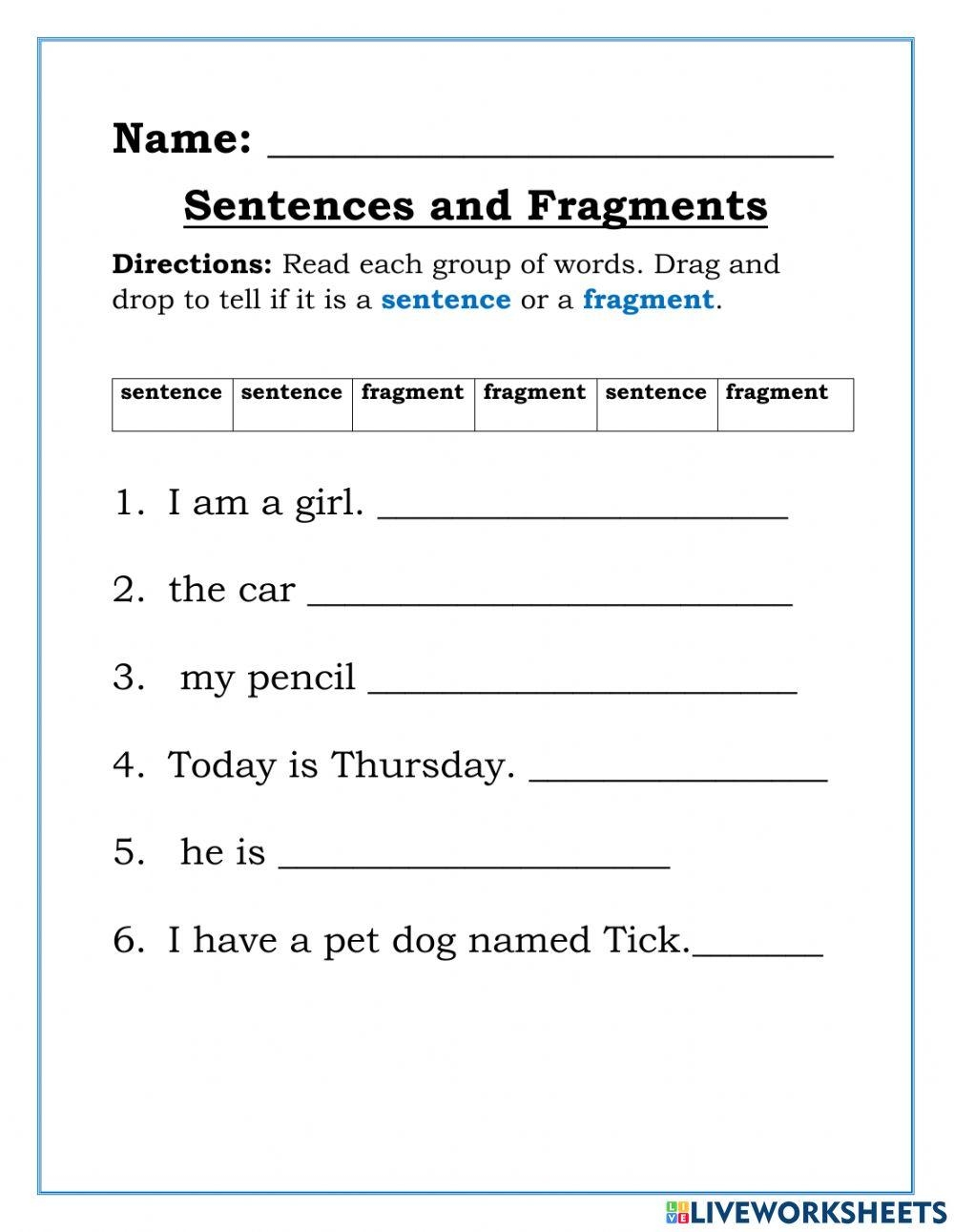 Grammar Worksheets Sentence Fragments