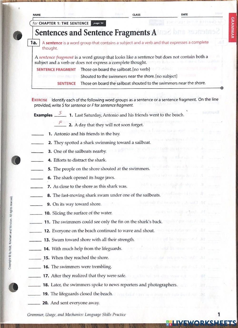 Grammar Worksheets Sentence Fragments Answer Key