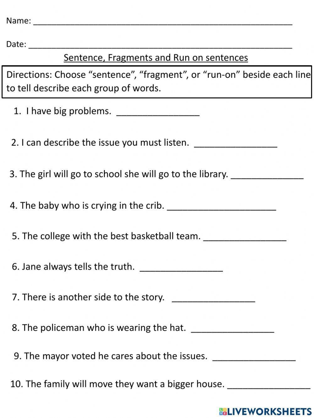 Sentences Frag Free Interactive Worksheets 1468807