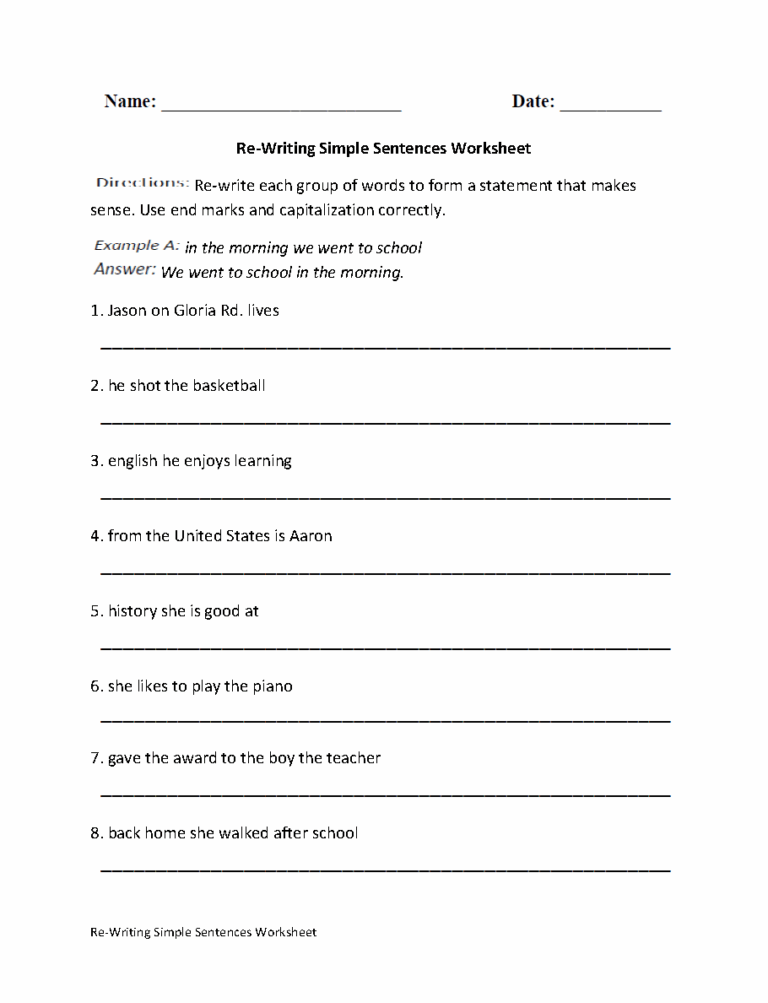 Sentences Worksheets Simple Sentences Worksheets