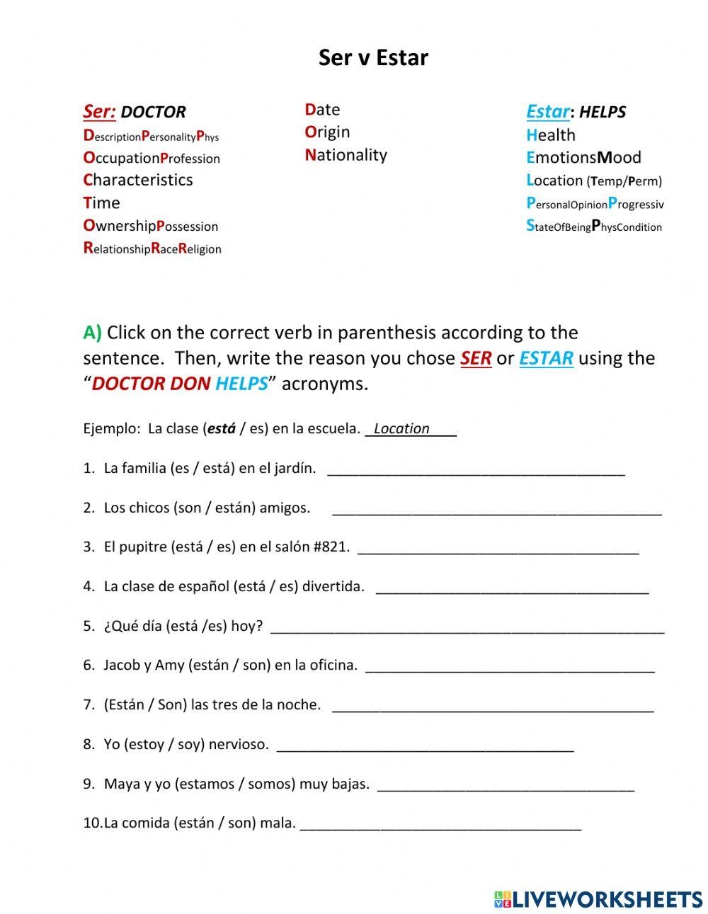 Ser Vs Estar Free Interactive Worksheets 7239666