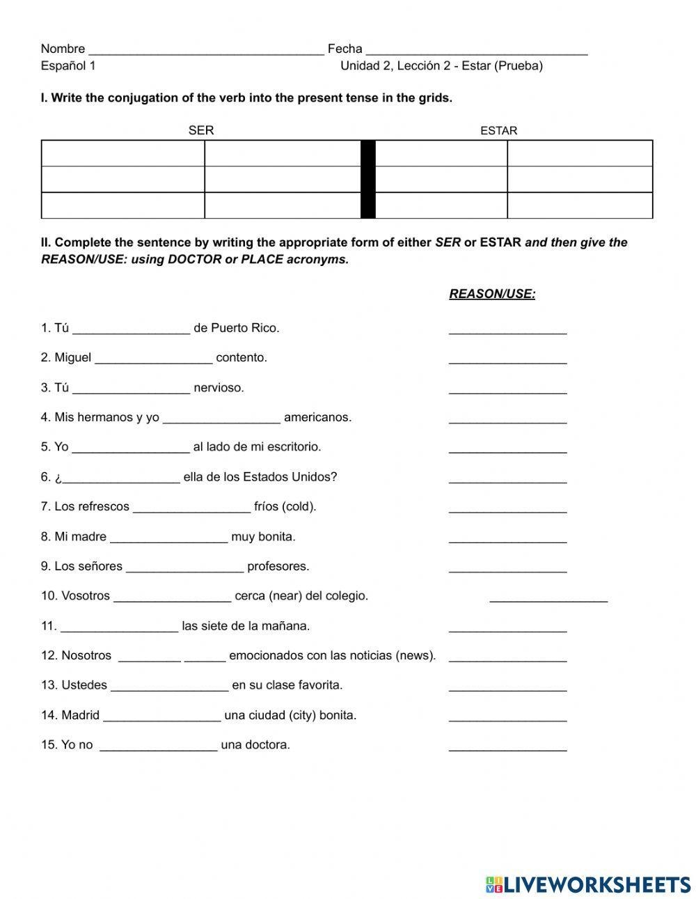 Ser Vs Estar Free Interactive Worksheets 974066