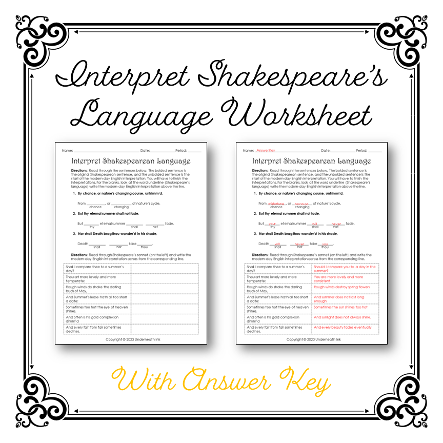 Shakespeare s Language Lesson Activity Worksheet with Answer Key Faithful Teachers