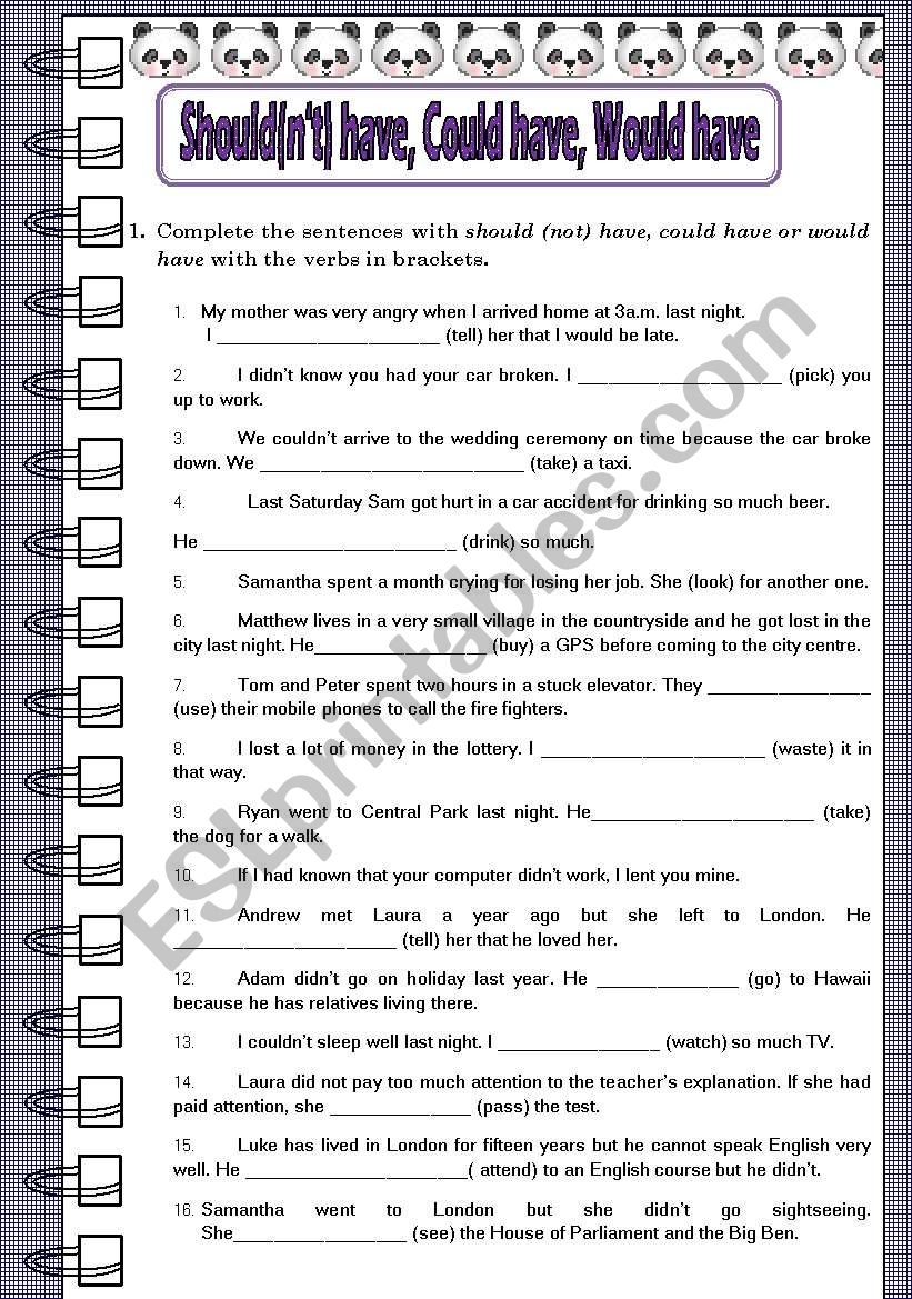 SHOULD N T HAVE COULD N T HAVE WOULD N T HAVE EXERCISES WITH KEY ESL Worksheet By Jessisun